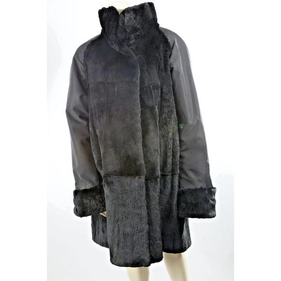Vintage Black Mink Rabbit Fur Collared Reversable Long Jacket Size L